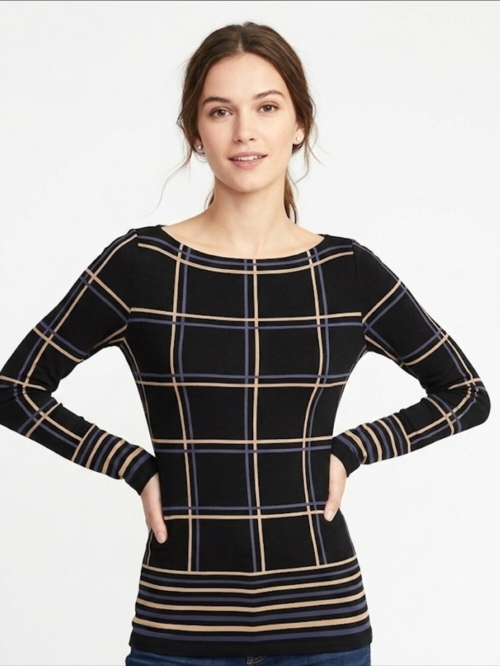 Isabel de Pedro Black Top with Tan and Blue Stripe Size 2